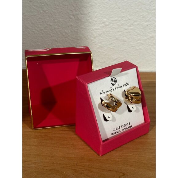 House of Harlow 1960 Glass Stone Gold Heart Cuff Earrings NIB - Picture 3 of 7